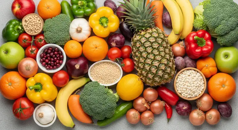 A colorful array of fresh fruits and vegetables, representing a plant-based diet.