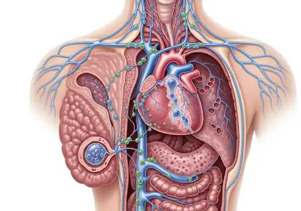 An anatomical illustration of the human lymphatic system, showing lymph nodes throughout the body.