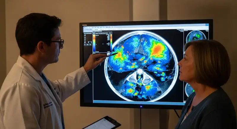 A doctor and patient looking at a PET scan on a screen, which is used to stage lymphoma.